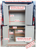 Measurement chart of a computer cupboard with approx dimensions labeled