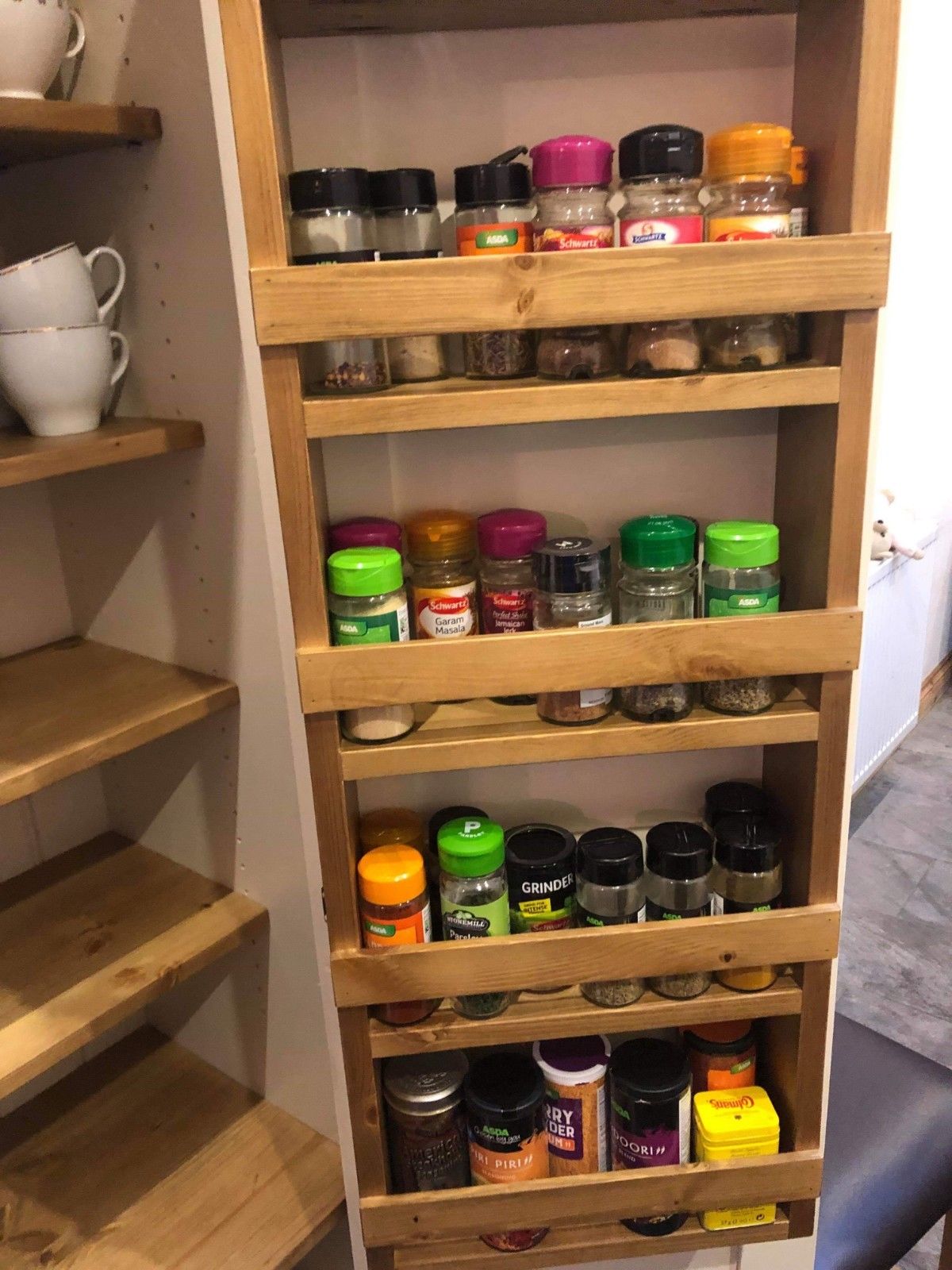 Larder Pantry Cupboard with Spice Rack Drawer Narrow 1 Door 4 Cheshire Pine and Oak
