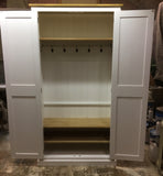 A 2 Door Hall Cupboard with doors open showing coat hooks and three shelves,