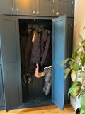 A blue 5-door hall coat and shoe storage cupboard with a top box and additional storage.
