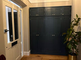 A blue 5-door hall coat and shoe storage cupboard with a top box and additional storage.