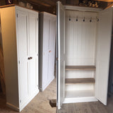 Handmade solid pine 2 door hallway or cloakroom storage cupboard with coat hooks and adjustable shelves, available in multiple widths up to 190cm high, offered in waxed pine or painted finishes including white, off-white and Farrow & Ball colours, delivered across the UK.